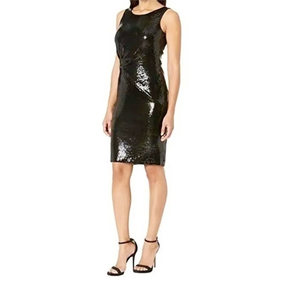 Taylor Black Sequin Knot Front Sheath Cocktail Dress Sz 10 Medium Party Evening